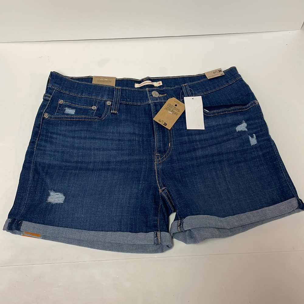 LEVI’S Medium Dark Blue Distressed Mid-Rise Mid-Length Hypersoft Jean Shorts, 12